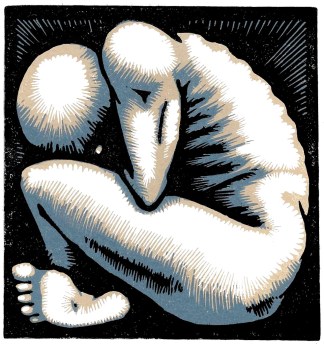 figure in a foetal position within a black square