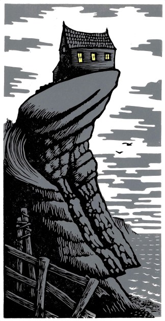 stylized black and grey image showing a house perched on a high cliff above the sea