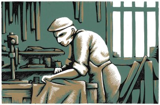 image in green and brown showing a man in apron and flat cap leaning over a bench in a workshop
