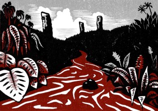 a red river flowing between plant leaves and stone monoliths