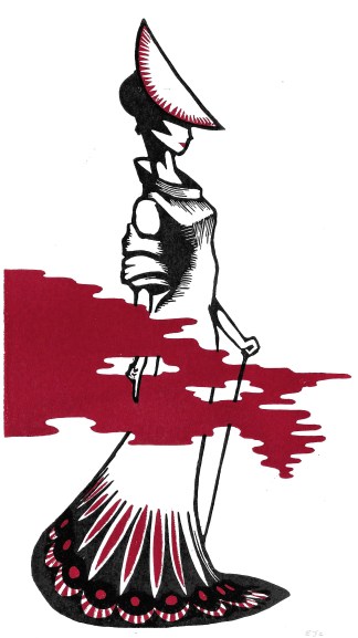 stylized image of a woman in a long dress and hat standing within a red cloud shape