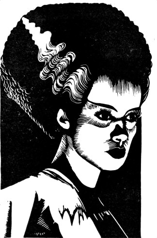 black and white linocut showing the face of a woman lit from beneath