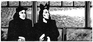 A black and white linocut showing two women sitting on a train seat and looking at something out of site to the right