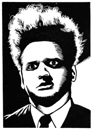 Black and white linocut showing a mans head