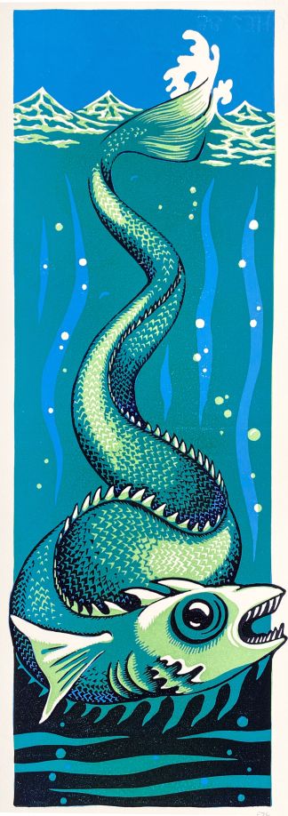 A graphic image showing an eel like fish with an open mouth and sharp teeth