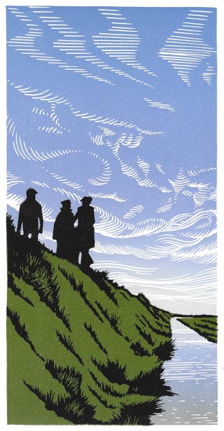 Three people in silhouette are walking on an embankment next to a water filled ditch which is reflecting a cloudy sky