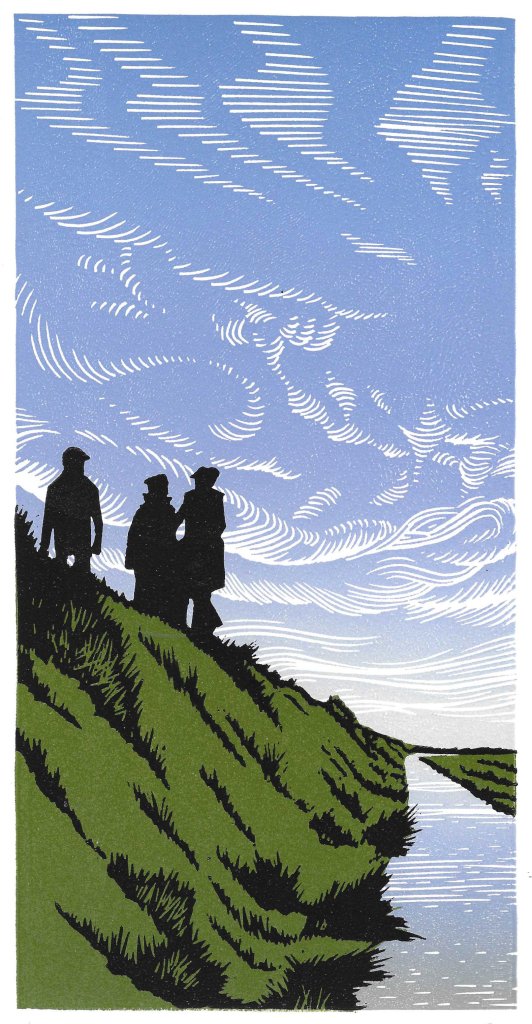 Three people in silhouette are walking on an embankment next to a water filled ditch which is reflecting a cloudy sky