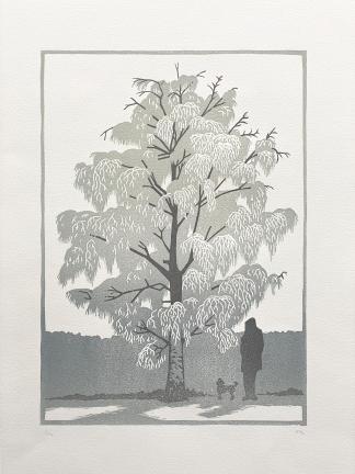 A figure in a coat and a small dog stand under a frost covered tree