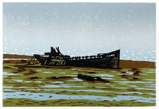 A wrecked ship lying on mud and weed