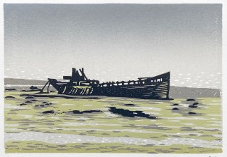 A wrecked ship lying on mud and weed
