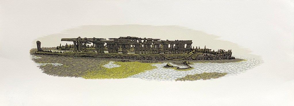 The wreck of a large boat sitting on mud with water pooling around the bow. The wreck is dilapidated consisting of broken and rotting timbers.